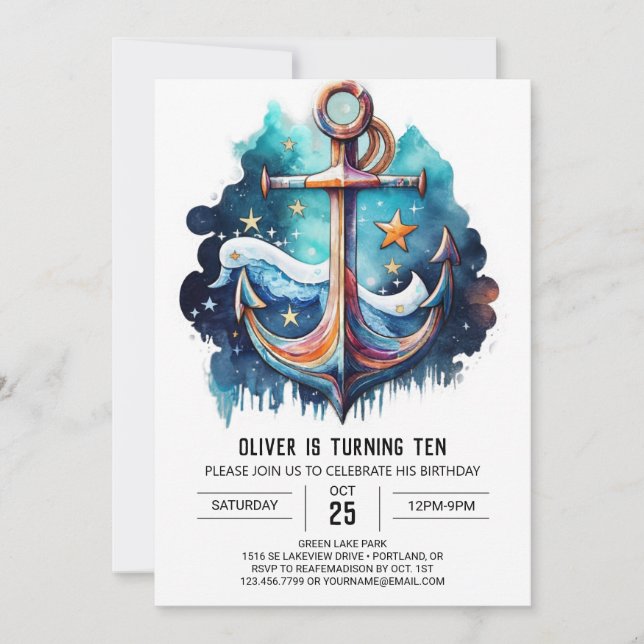 Invitación Cumpleaños del Ancla de Moda Náutica (Anverso)