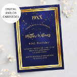 Invitación Cumpleaños del año del confetti de oro azul marino<br><div class="desc">Un fondo azul oscuro,  azul marino. El color azul es desigual. Con un marco de oro falso y un confetti dorado rociado,  letras de colores dorados. Personalice y agregue el año de nacimiento,  nombre,  detalles del fiesta.</div>