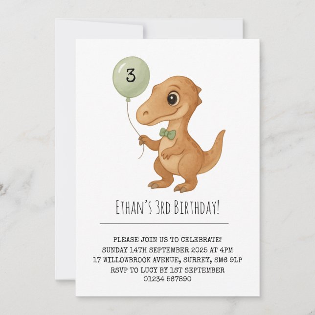 Invitación Cumpleaños del apuesto dino marrón con corbata de  (Anverso)