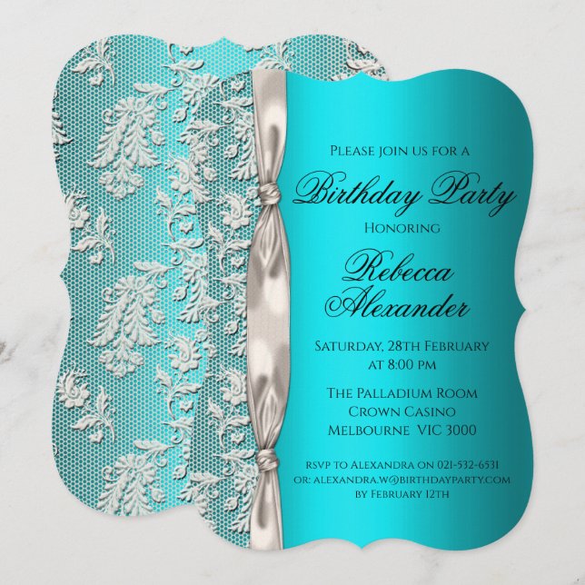 Invitación Cumpleaños del Aqua Metálico y el Lace Blanco (Anverso / Reverso)