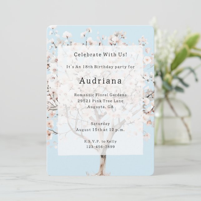 Invitación Cumpleaños del árbol de flores rosadas de bonito (Anverso de pie)