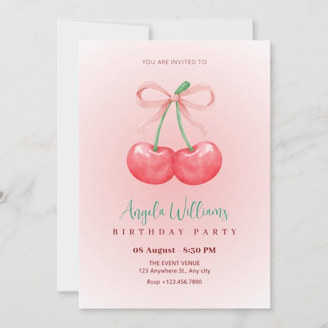Invitación cumpleaños del arco de cerezo rojo (Anverso)