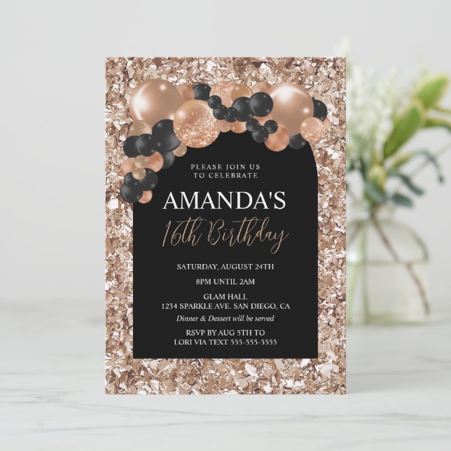 Invitación Cumpleaños del Arco de Globos de Oro Negro y Rosa (Anverso de pie)