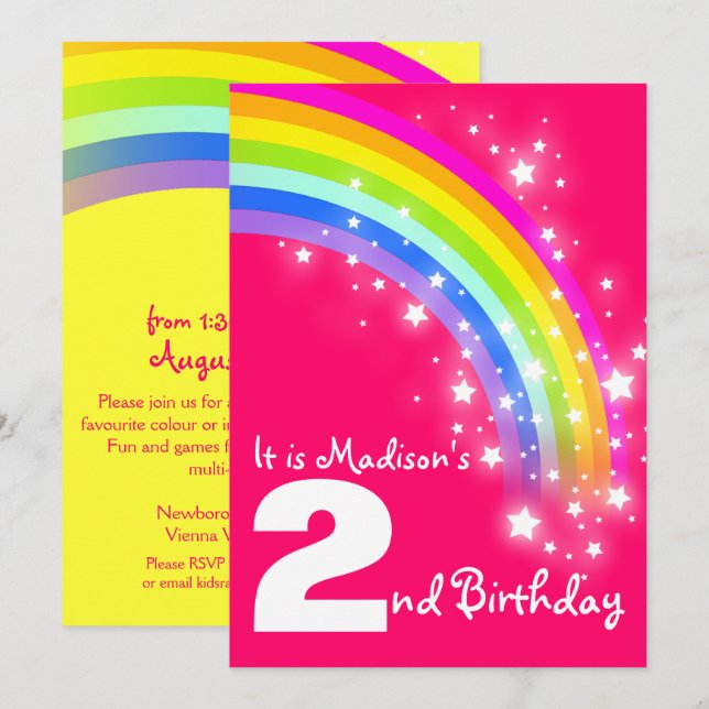 Invitación Cumpleaños del arco iris púrpura de los niños el (Anverso / Reverso)