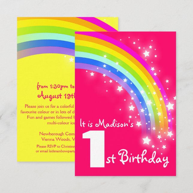 Invitación Cumpleaños del arco iris púrpura de los niños el (Anverso / Reverso)