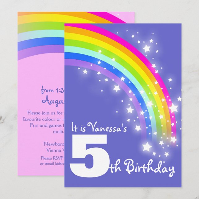 Invitación Cumpleaños del arco iris rosado púrpura de los (Anverso / Reverso)