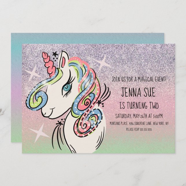 Invitación Cumpleaños del arcoiris con la mano de unicornio (Anverso / Reverso)