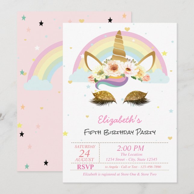 Invitación Cumpleaños del arcoiris floral de Unicornio, Purpu (Anverso / Reverso)