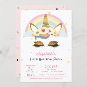 Invitación Cumpleaños del arcoiris floral de Unicornio, Purpu