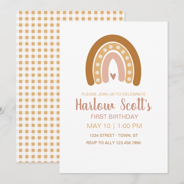 Invitación Cumpleaños del Arcoiris Neutral de Boho (Anverso / Reverso)