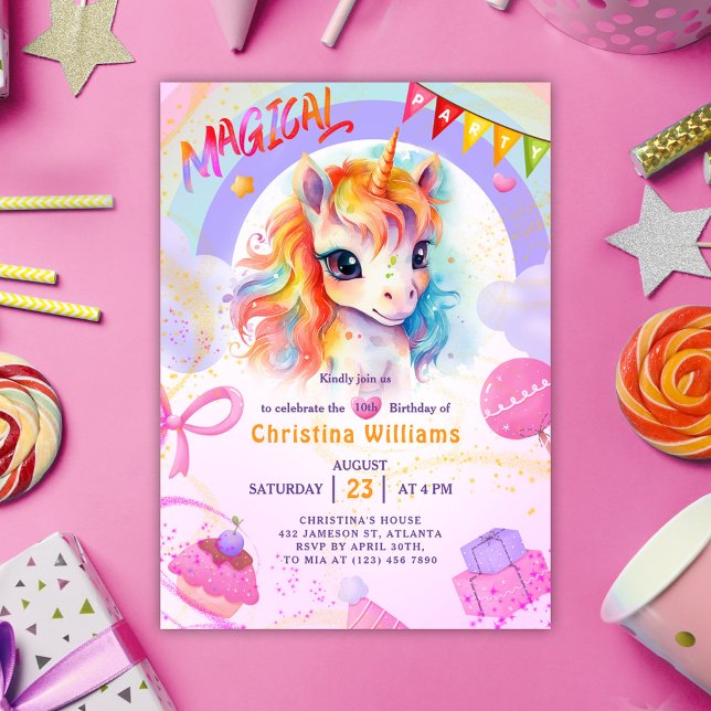 Invitación Cumpleaños del Arcoiris Rosa de Unicornio (Unicorn Pink Rainbow Birthday Invitation)