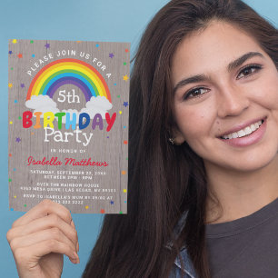 Invitación Cumpleaños del Arcoiris Rústico   Colorido
