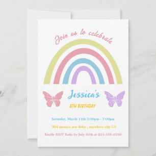 Invitación Cumpleaños del arcoiris y la mariposa para Chicas