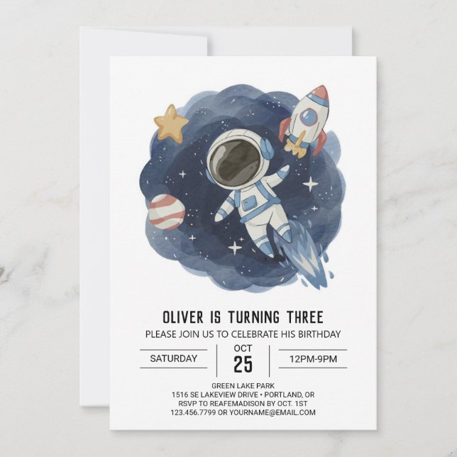 Invitación Cumpleaños del astronauta digital acuarela en el e (Anverso)