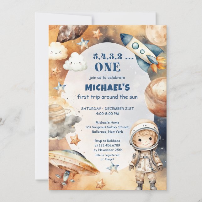 Invitación Cumpleaños del astronauta en su primer viaje alred (Anverso)
