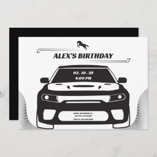 Invitación Cumpleaños del auto Mustang blanco y negro