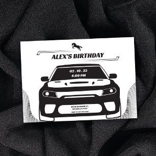 Invitación Cumpleaños del auto Mustang blanco y negro