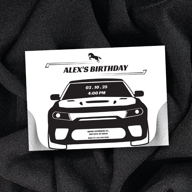 Invitación Cumpleaños del auto Mustang blanco y negro (Subido por el creador)