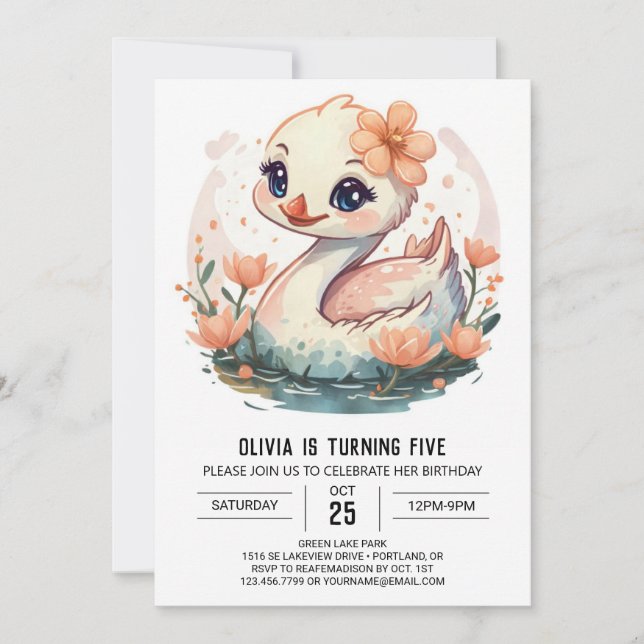 Invitación Cumpleaños del ave cisne rosa digital (Anverso)