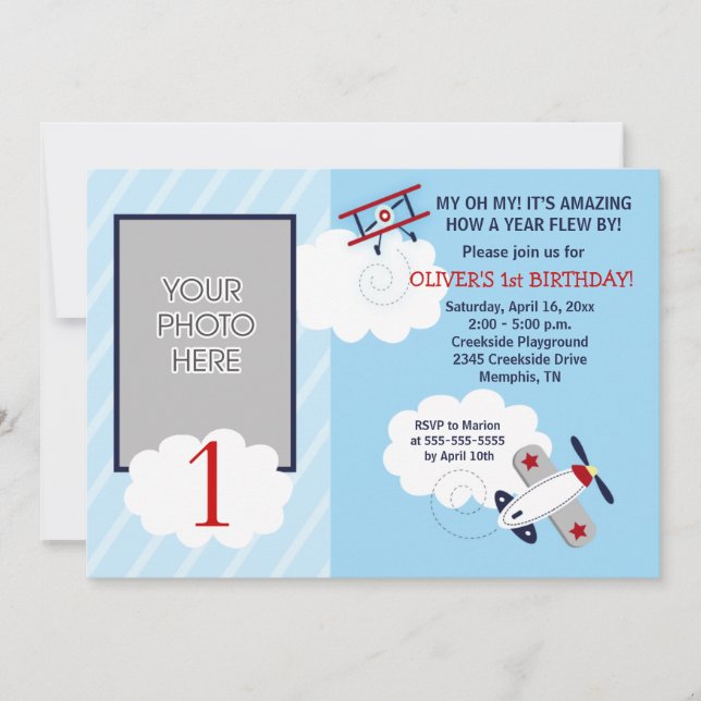 Invitación Cumpleaños del aviador pequeño rojo/azul fotográfi (Anverso)