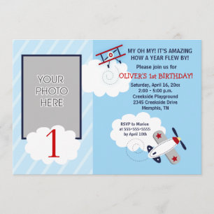 Invitación Cumpleaños del aviador pequeño rojo/azul fotográfi