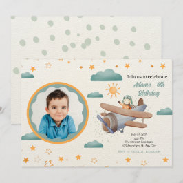 Invitación Cumpleaños del avión azul y verde acuarela