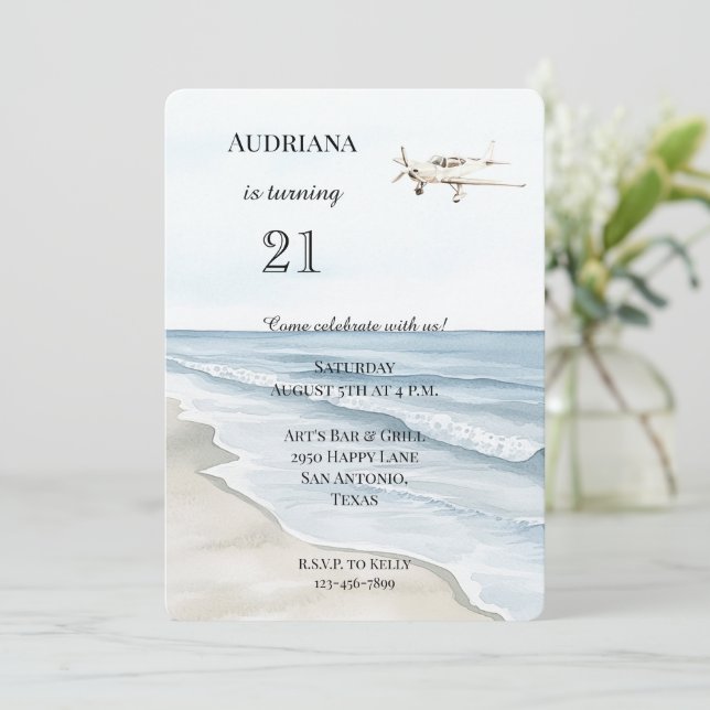 Invitación Cumpleaños del avión de Beach Ocean (Anverso de pie)