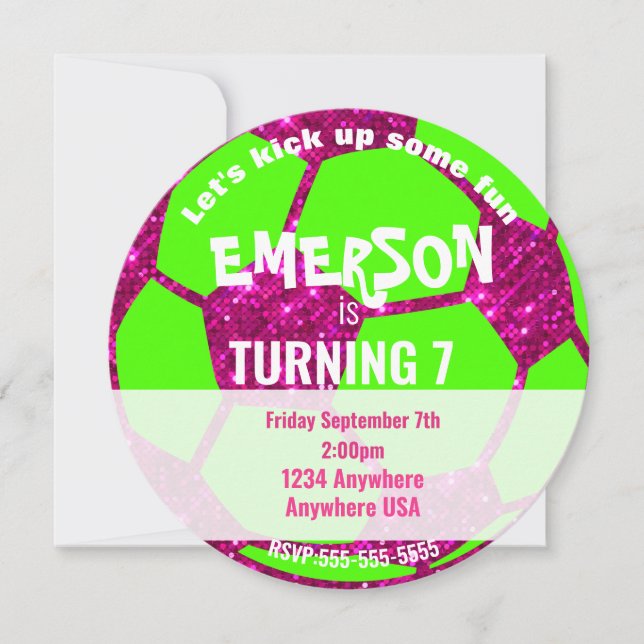 Invitación Cumpleaños del balón de fútbol del purpurina de (Anverso)