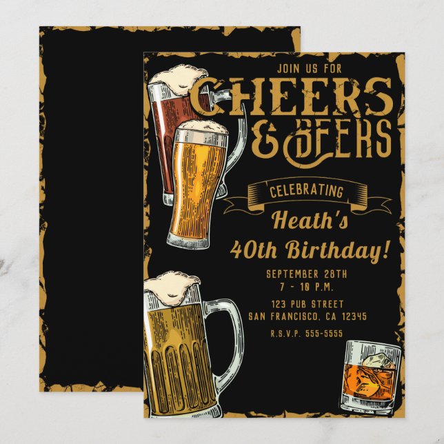 Invitación Cumpleaños del bar de Pub Negro de Cheers & Beers  (Anverso / Reverso)
