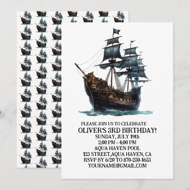 Invitación Cumpleaños del Barco Pirata Negro (Anverso / Reverso)