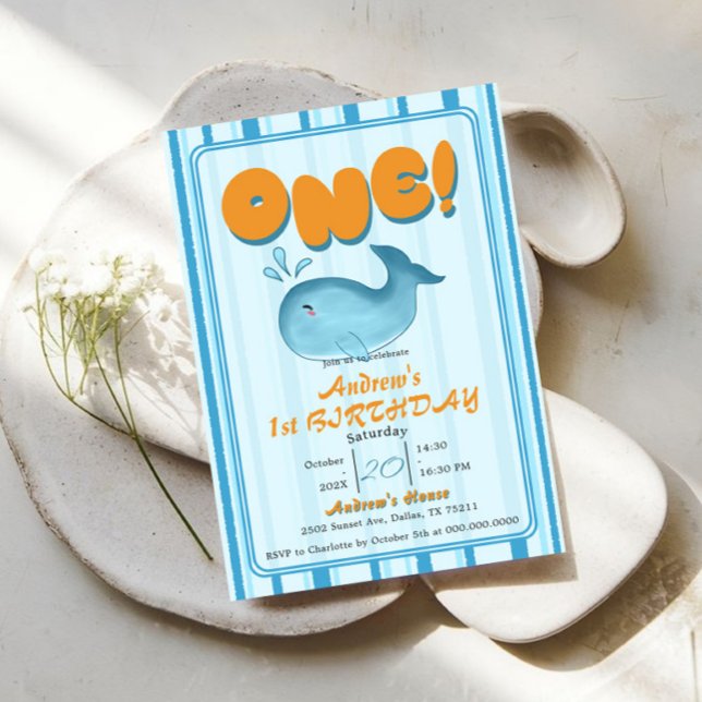 Invitación Cumpleaños del bebé ballena azul lindo 1er (Subido por el creador)