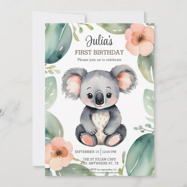 Invitación Cumpleaños del bebé de Cute Koala (Anverso)