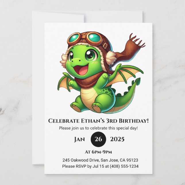 Invitación Cumpleaños del bebé dragón aviador (Anverso)
