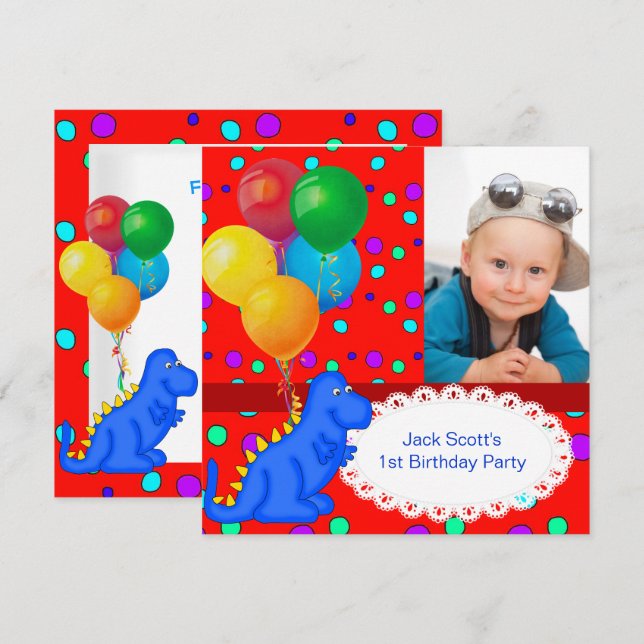 Invitación Cumpleaños del bebé niño 1er dinosaurio (Anverso / Reverso)
