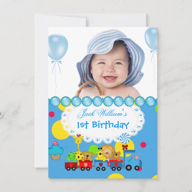 Invitación Cumpleaños del bebé niño 1er Tren Azul (Anverso)