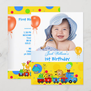 Invitación Cumpleaños del bebé niño 1er tren azul amarillo