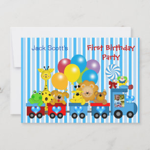 Invitación Cumpleaños del bebé niño 1er tren foto animales