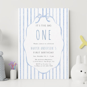 Invitación Cumpleaños del bebé niño con lazo azul y rayas