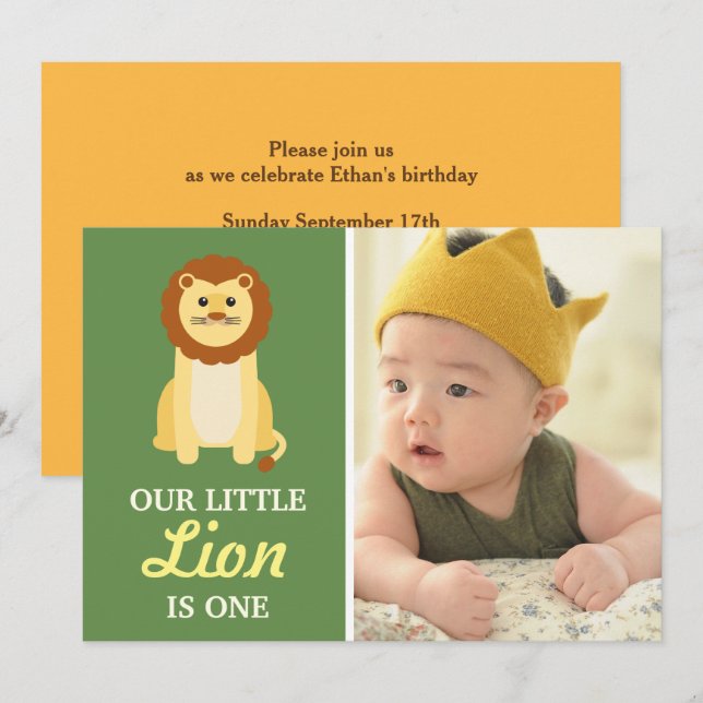 Invitación Cumpleaños del bebé niño león amarillo lindo prime (Anverso / Reverso)