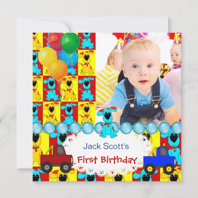 Invitación Cumpleaños del bebé niño primero 1er Perritos colo (Anverso)