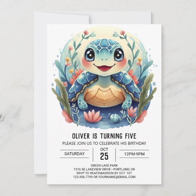 Invitación Cumpleaños del Boho Acuático Whimsy Turtle Boy (Anverso)
