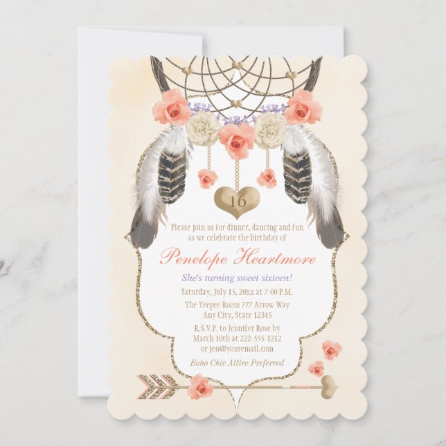 Invitación Cumpleaños del Boho Dreamcatcher Dreamcatcher Gold (Anverso)