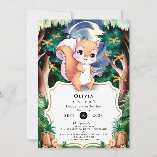 Invitación Cumpleaños del Boho Pastel Squirrel (Anverso)
