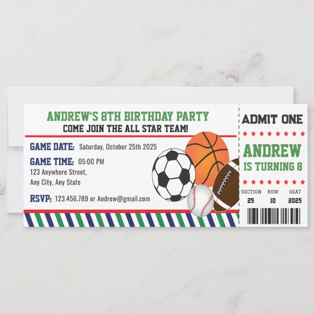 Invitación Cumpleaños del boleto deportivo de All Star Person (Anverso)