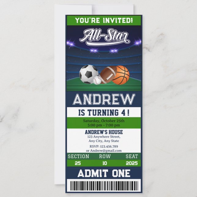 Invitación Cumpleaños del boleto deportivo de All Star Person (Anverso)