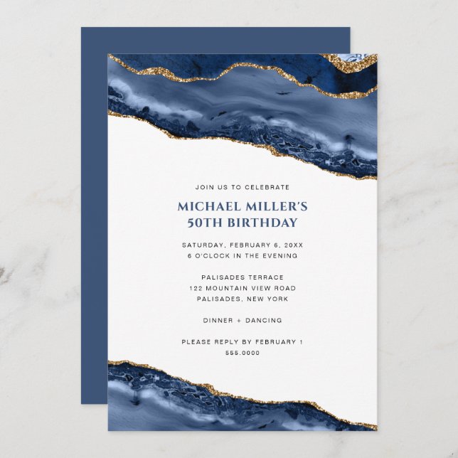 Invitación Cumpleaños del borde de la agata azul y oro (Anverso / Reverso)