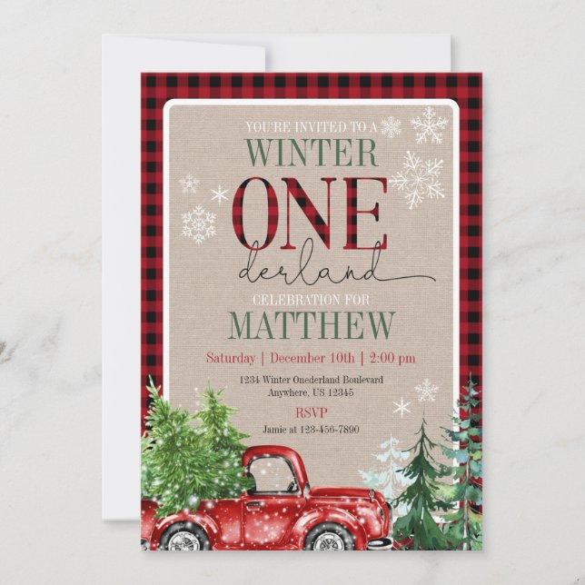 Invitación Cumpleaños del bosque Red Truck de ONEderland (Anverso)