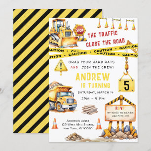 Invitación Cumpleaños del bulldozer de camión de construcción