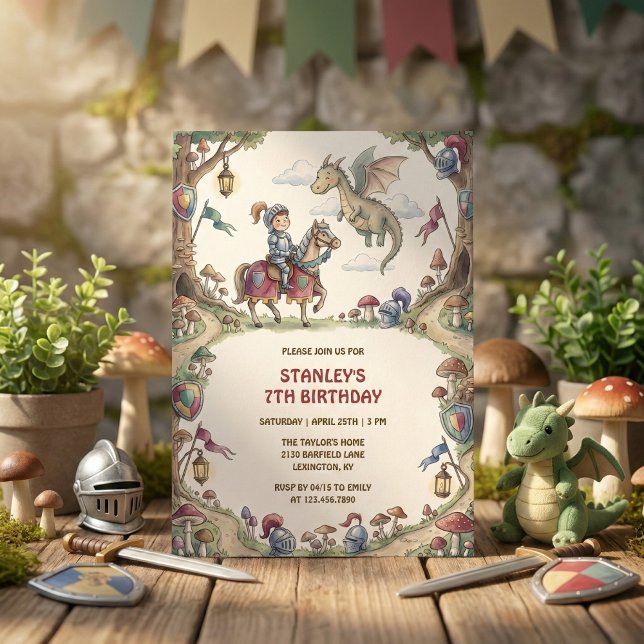 Invitación Cumpleaños del Caballero de Acuarela Dragón Cuento (Watercolor Knight Dragon Fairytale Boy Birthday Invitation)