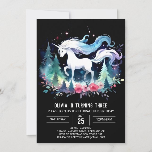 Invitación Cumpleaños del caballo mágico forestal (Anverso)